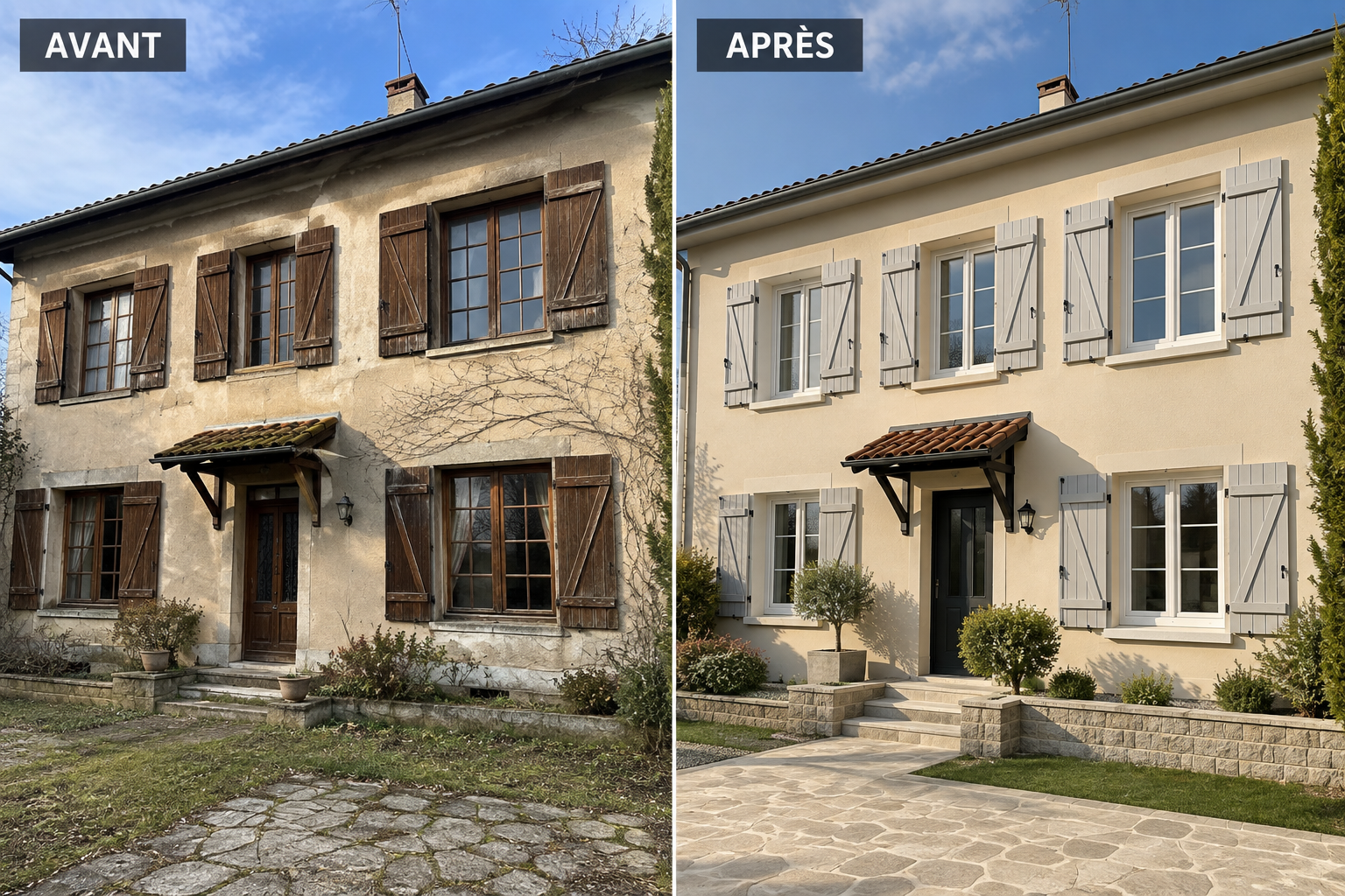 Comparaison avant et après d’une rénovation de façade et de menuiseries