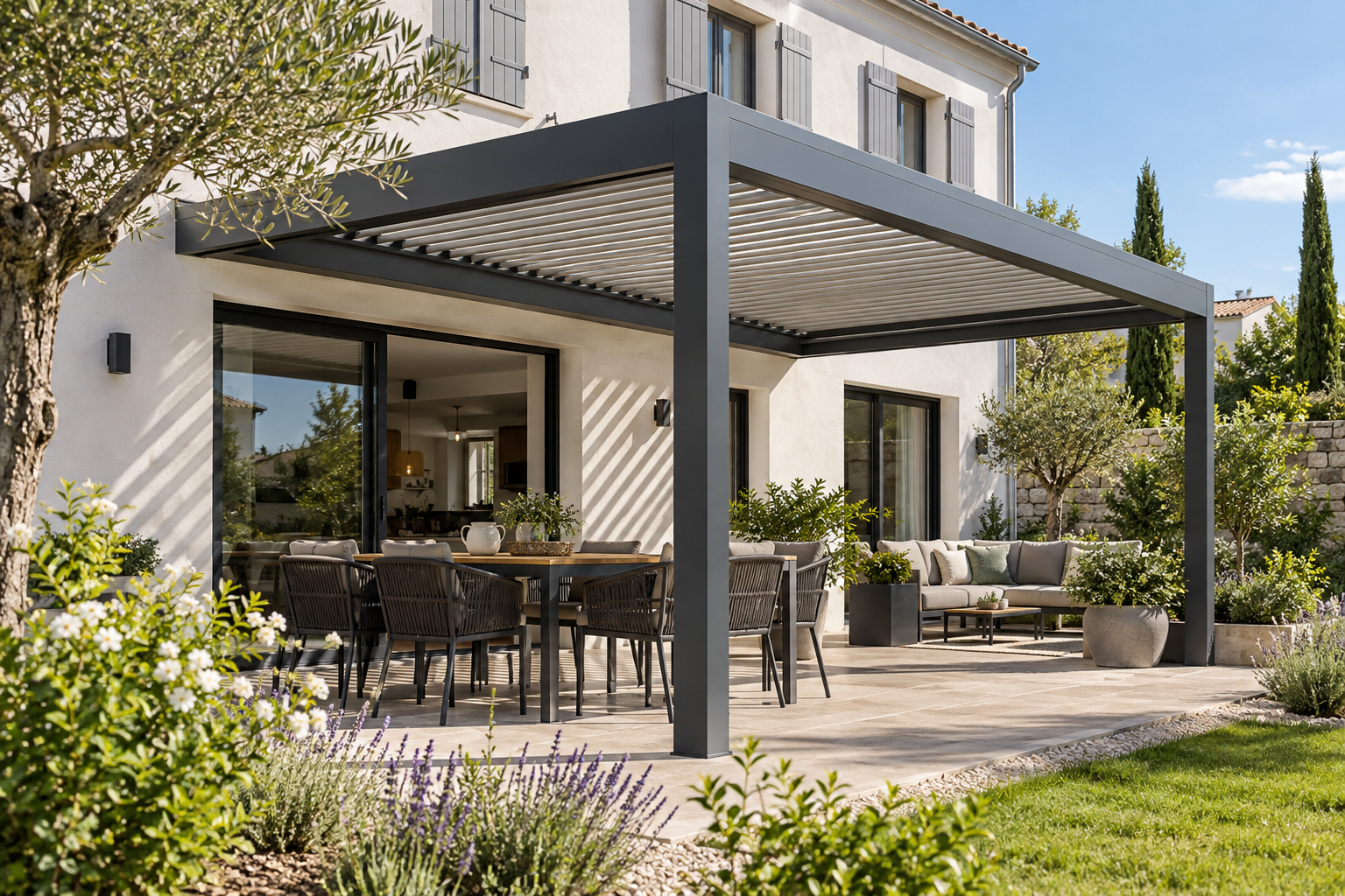 Pergola bioclimatique en aluminium anthracite