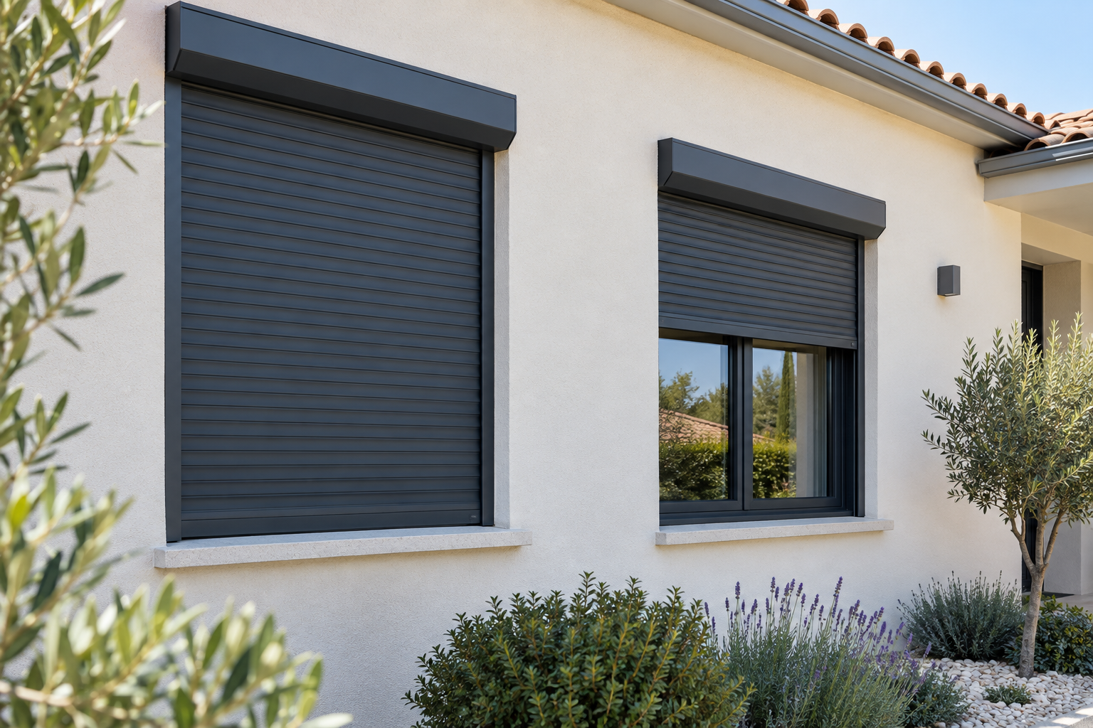 Volets roulants anthracite installés sur une maison